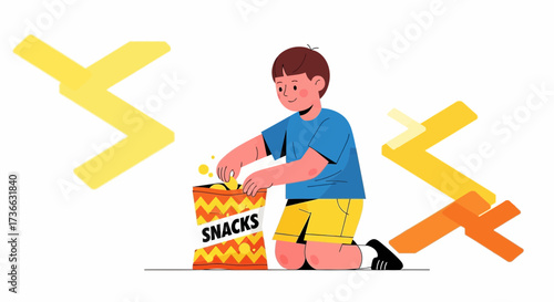 Child Enjoying Snacks From A Bag, Simple Illustration With Graphic Elements Depicted.