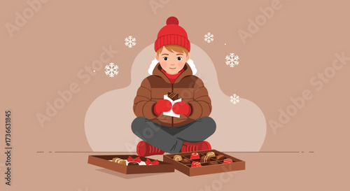 Cheerful Person in Winter Attire Holding a Chocolate Bar and Boxes of Sweet Treats