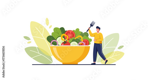 Cheerful Person Presenting a Vibrant Salad Bowl Depicting a Healthy Diet