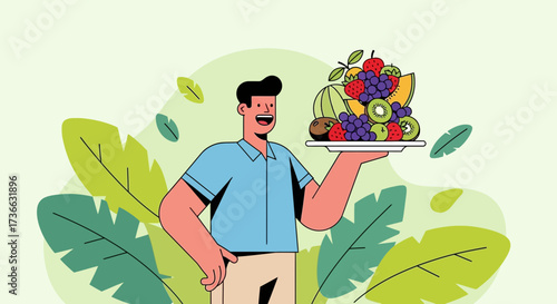 Cheerful Person Presenting A Vibrant Plate Of Fruits Against A Botanical Background