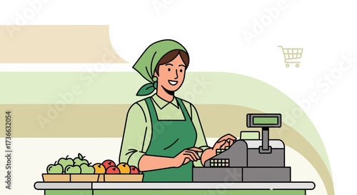Cheerful Shopkeeper Operating Cash Register Beside Some Fresh Harvested Organic Fruits