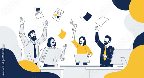 Cheerful Team Celebrating Success as Papers Fly High in the Air after Meeting Completion