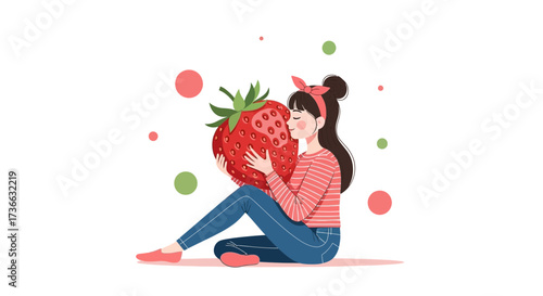 Cheerful Woman Cradling A Giant Strawberry, Celebrating Its Juicy Deliciousness With Delight