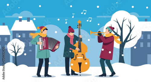 Street Musicians Playing Jazz and Classical Instruments in Winter