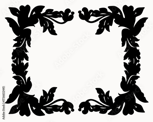 Floral frame design featuring stylized leaves and blossoms in a symmetrical arrangement on a white background