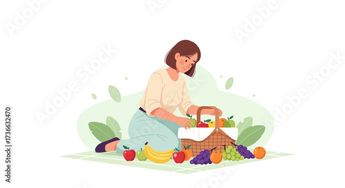 Cheerful Woman Packing a Picnic Basket with Fresh Fruit for a Sunny Outdoor Outing