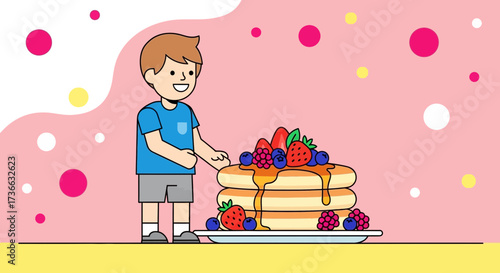 Cheerful Young Boy and Delicious Pancakes Drizzled with Maple Syrup and Berries