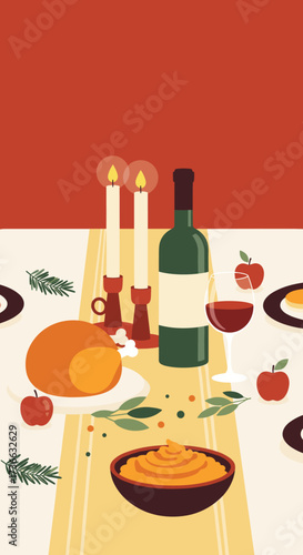 Thanksgiving Holiday Dinner Table Setting with Food and Wine