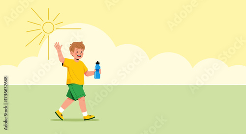 Cheerful young boy waving hello with a bottle of water under the bright sunny sky
