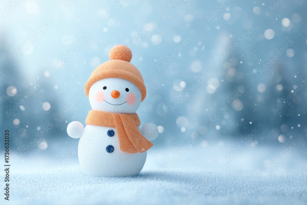 Fototapeta premium 3D render of a cheerful cute snowman among falling snowflakes background