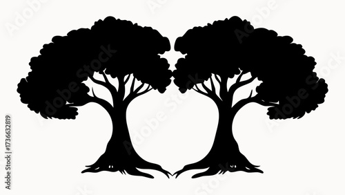 Two symmetrical trees with dense foliage and exposed roots in a black silhouette against a white background