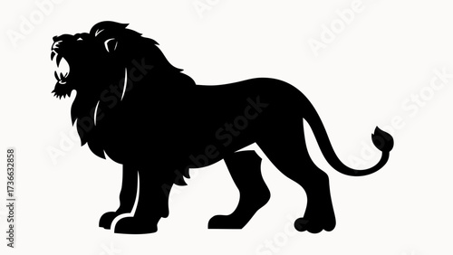 Silhouette of a roaring lion with a majestic mane standing powerfully on all four legs in black and white