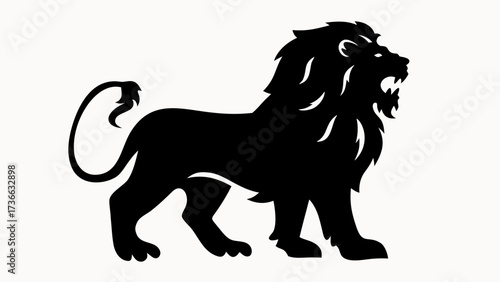 Silhouette of a roaring lion standing with a curled tail and a mane on a white background in a vector image