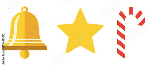 Flat Vector Christmas Icon Set with Bell, Star, and Candy Cane