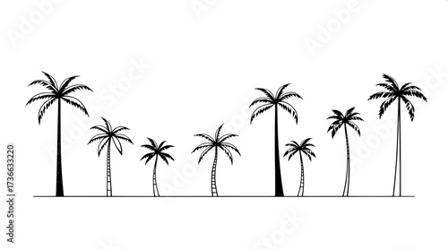 Modern minimalist poster with eight palm tree line drawings in horizontal layout. Black outlines, some solid fills, neutral cream background, clean flat design emphasizing geometry and simplicity.”