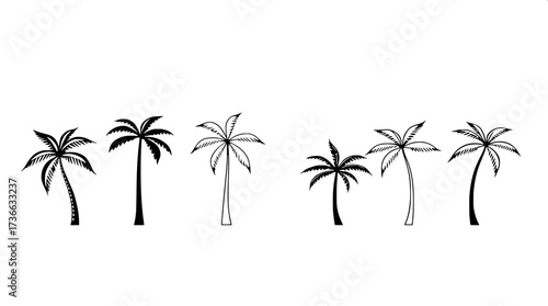 Modern minimalist poster with eight palm tree line drawings in horizontal layout. Black outlines, some solid fills, neutral cream background, clean flat design emphasizing geometry and simplicity.”