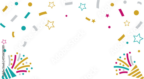Bright Festive Confetti and Party Poppers on a White Background