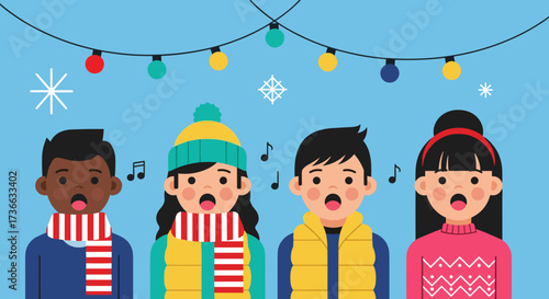 Diverse Group of Black and Asian Children Singing Christmas Carols