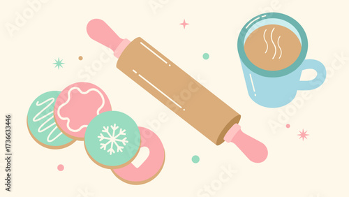 Cozy Pastel Flat Vector Illustration of Christmas Baking Cookies and Hot Drink