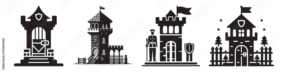 Naklejka premium Modern Minimalist Tower Castle Icon, Flat Silhouette of a Medieval Fortress Vector for Historical Illustration Design
