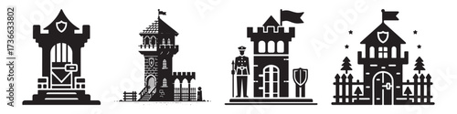 Modern Minimalist Tower Castle Icon, Flat Silhouette of a Medieval Fortress Vector for Historical Illustration Design
