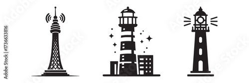 Modern Minimalist Mercusuar Icon, Flat Silhouette of a Coastal Lighthouse Vector for Nautical Illustration Design
