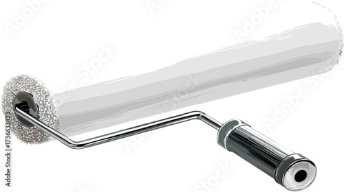 A paint roller with a metal handle and white paint, isolated against a solid black background, tools for construction and renovation.