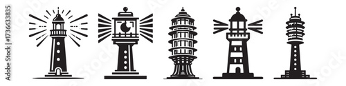 Modern Minimalist Mercusuar Icon, Flat Silhouette of a Coastal Lighthouse Vector for Nautical Illustration Design
