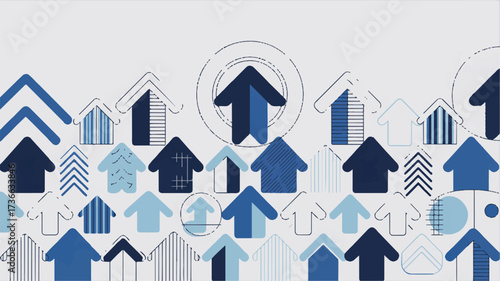 A geometric pattern design featuring multiple arrows in various shades of blue against a white background.  