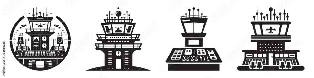 Naklejka premium Modern Minimalist Tower Control Room Icon, Flat Silhouette of an Aviation Building Vector for Airport Illustration Design