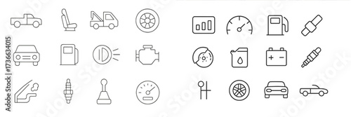Collection of car-related icons illustrating various vehicle components and dashboard symbols for auto enthusiasts and mechanics