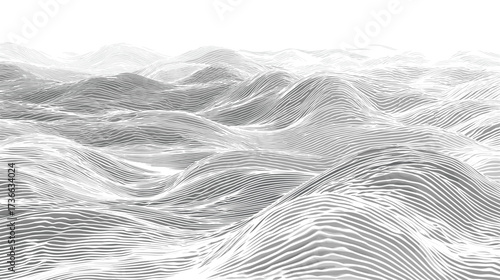 A monochromatic, textured landscape with rolling hills, presented in an abstract, topographic map style, using grayscale tones and contour lines.