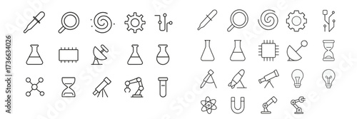 Various science icons featuring lab equipment, tools, and symbols related to research and experimentation
