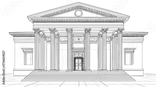 Wireframe depiction of a neoclassical building facade with columns, pediment, and ornate details. A digital blueprint of architectural design