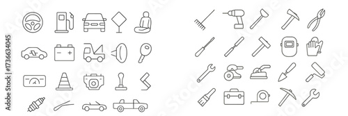 Various icons representing automotive, construction, and repair activities on a clean, minimal design background