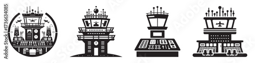 Modern Minimalist Tower Control Room Icon, Flat Silhouette of an Aviation Building Vector for Airport Illustration Design