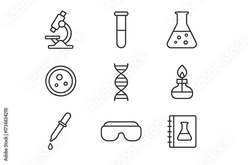 Collection of laboratory tools and symbols representing scientific research and experimentation