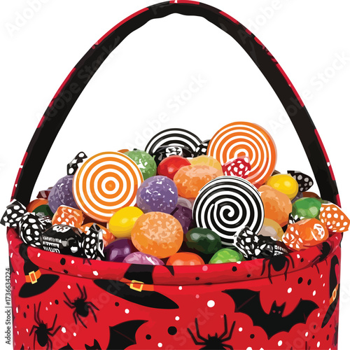 Halloween candy bucket overflowing with colorful sweets and treats on white background