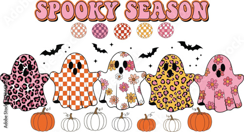 Spooky season with retro ghosts pumpkins bats and disco balls for halloween fun