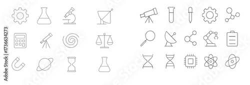 Collection of science and technology icons showcasing various tools and concepts related to research and experiments
