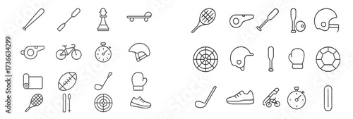 Collection of simple sports and game icons illustrating various athletic activities and equipment for design purposes