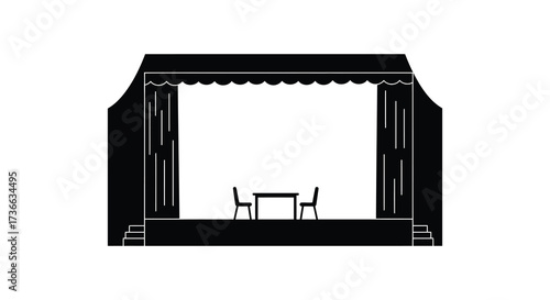 Simple silhouette stage setting with table and chairs ready for performance or scene