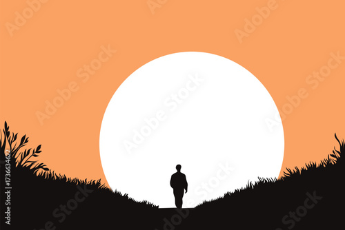 Silhouette of man walking in nature against large sun at sunset illustration