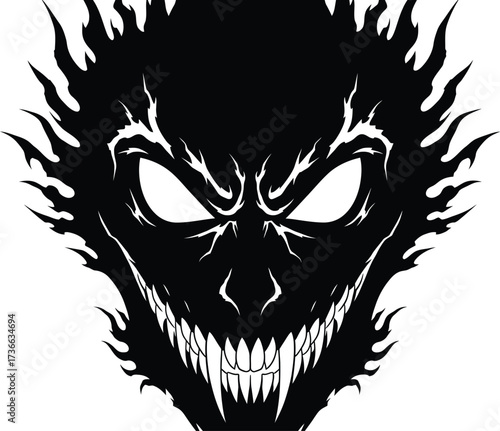 Menacing black silhouette of a monster face with sharp teeth and glowing eyes