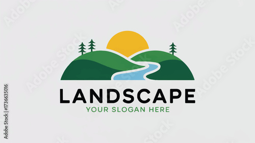 A minimalist landscape logo design featuring a stylized river flowing between green hills against a white background