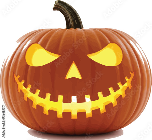 Spooky jack o lantern glowing with a sinister smile on a white studio background