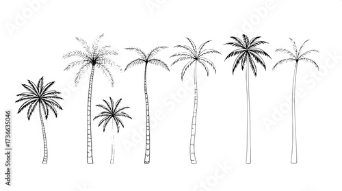 Modern minimalist poster with eight palm tree line drawings in horizontal layout. Black outlines, some solid fills, neutral cream background, clean flat design emphasizing geometry and simplicity.”