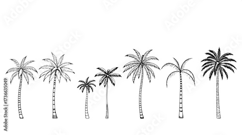 Modern minimalist poster with eight palm tree line drawings in horizontal layout. Black outlines, some solid fills, neutral cream background, clean flat design emphasizing geometry and simplicity.”