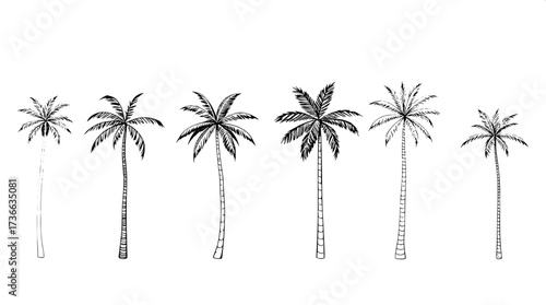 Modern minimalist poster with eight palm tree line drawings in horizontal layout. Black outlines, some solid fills, neutral cream background, clean flat design emphasizing geometry and simplicity.”