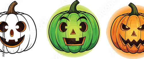 Three halloween pumpkins with different colors and expressions on a white background